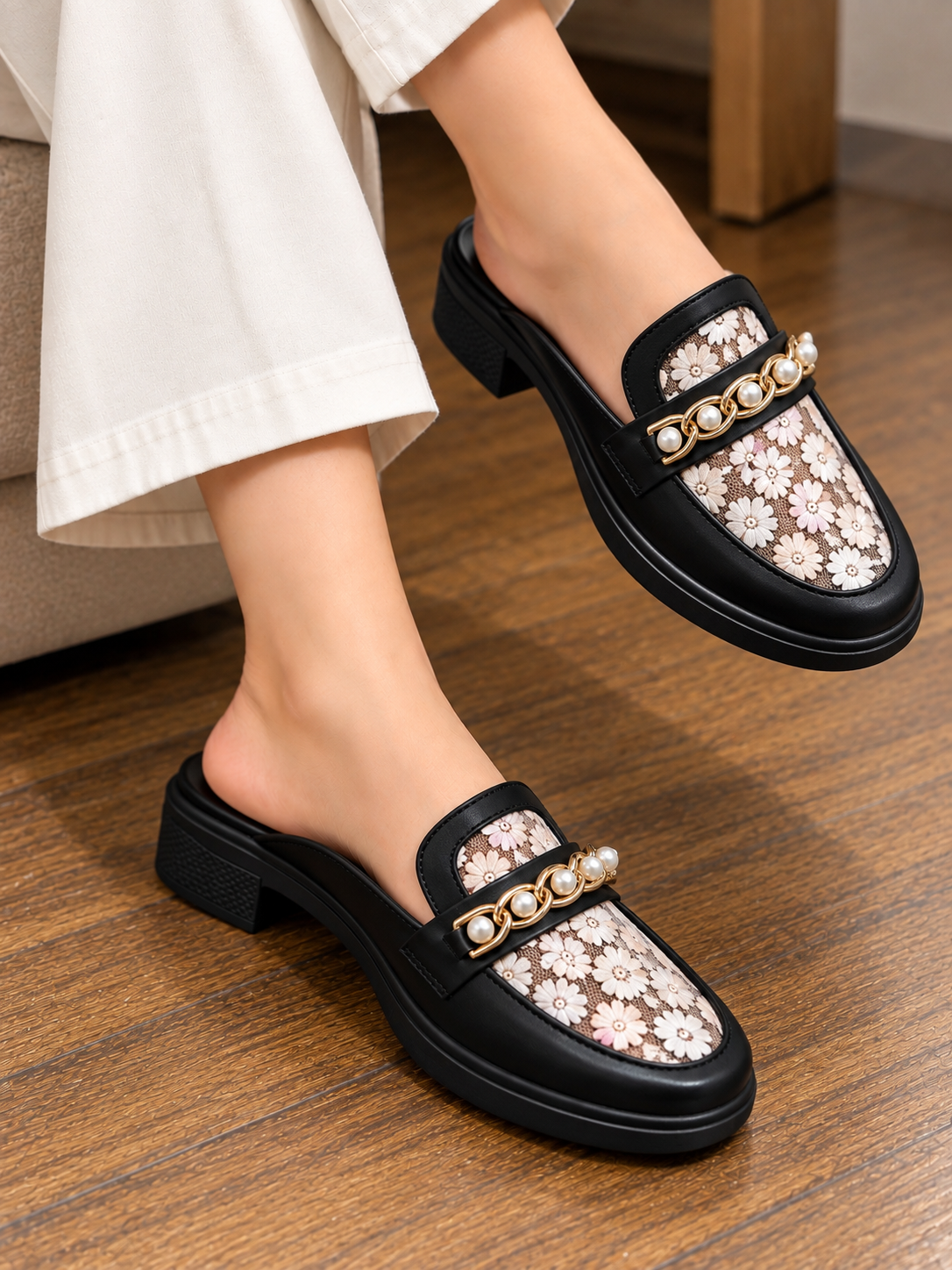 Daisy Embellished Chain Mules